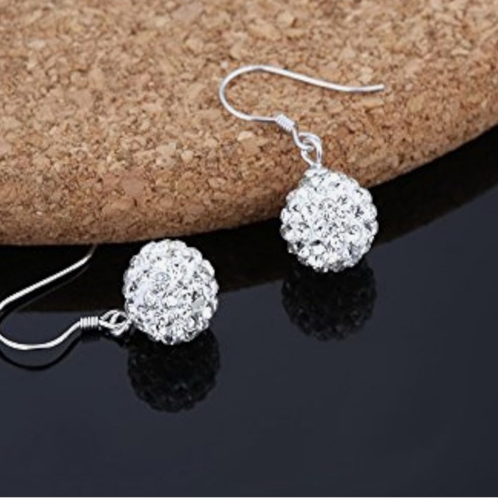 White Gold Plated Rhinestone Ice Sphere Drop Earrings. New. - Picture 4 of 7